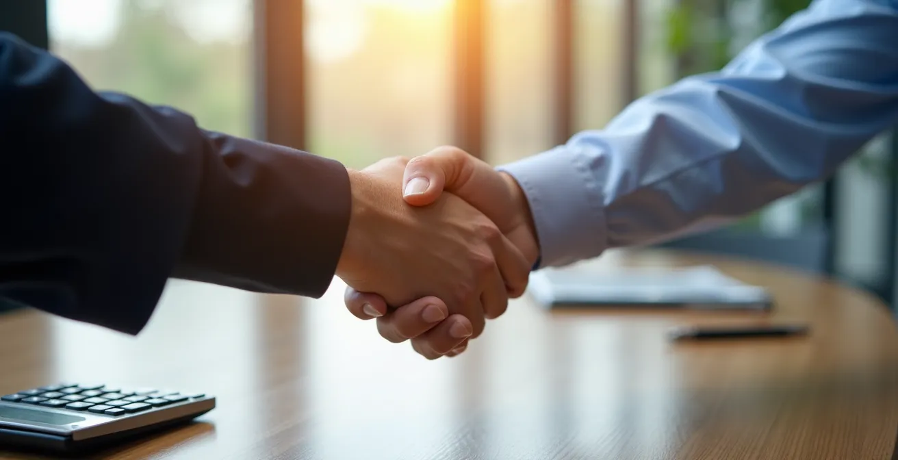Poignée de main professionnelle au-dessus d'un bureau en bois avec calculatrice