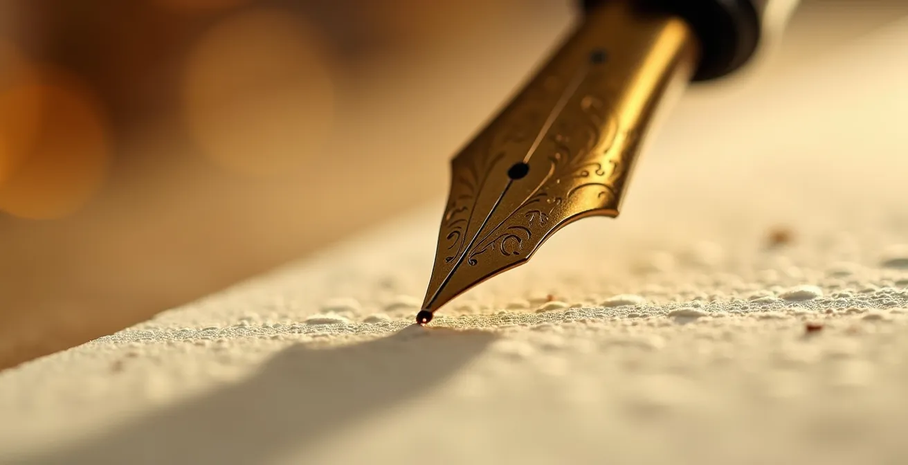 Vue macro d'un stylo plume sur papier texturé avec ombres douces