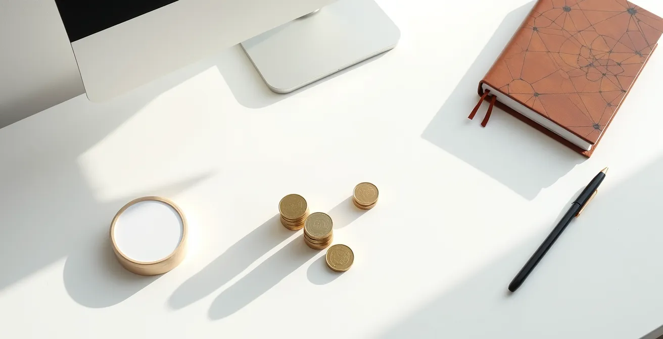 Vue environnementale d'un bureau épuré avec agenda et pièces euros organisées