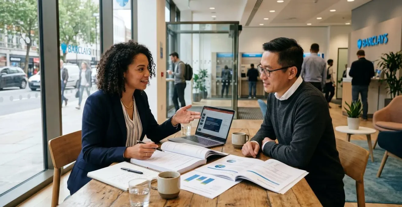 Échange entre un conseiller bancaire et un entrepreneur dans une agence, discussion autour de documents professionnels