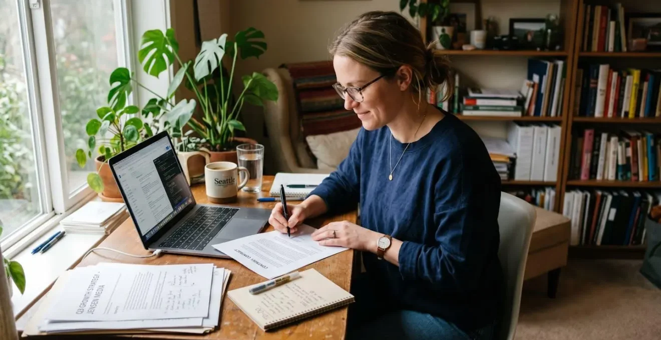 Micro-entrepreneur consultant ses documents professionnels tout en gérant plusieurs activités depuis son bureau