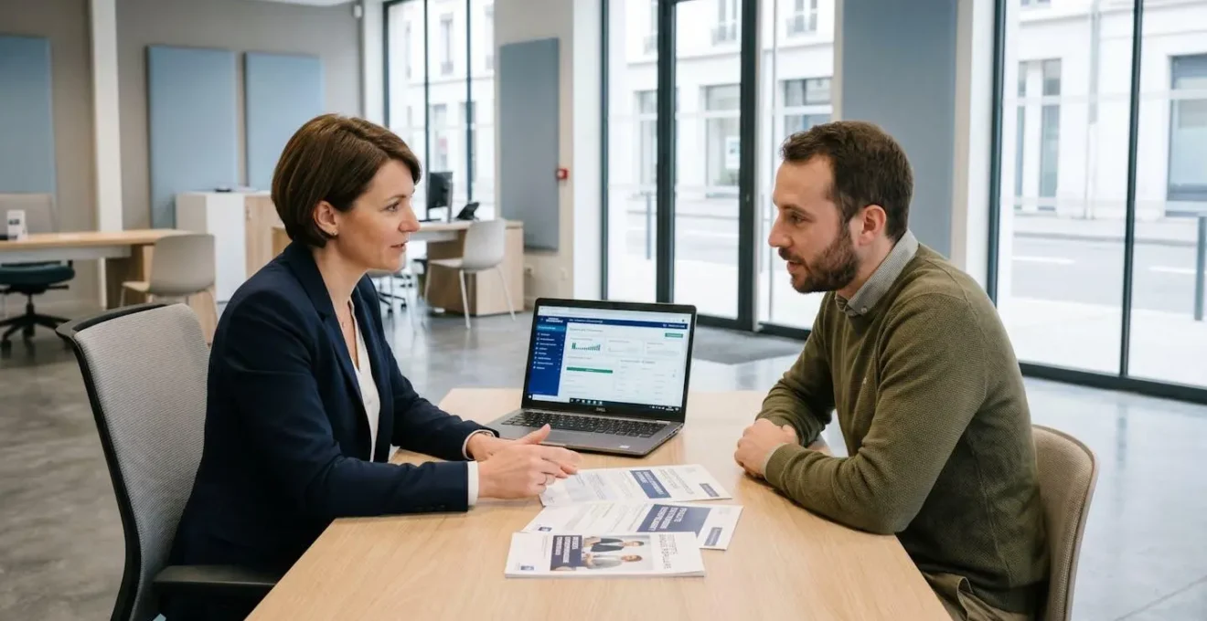 Conseiller bancaire et freelance en rendez-vous dans une agence moderne française, consultant ensemble une interface bancaire professionnelle sur ordinateur