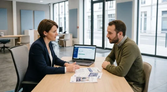 Conseiller bancaire et freelance en rendez-vous dans une agence moderne française, consultant ensemble une interface bancaire professionnelle sur ordinateur