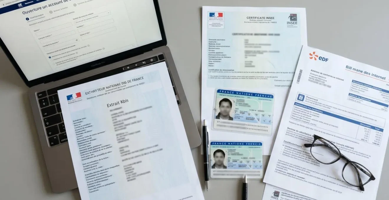 Documents administratifs français pour ouverture de compte professionnel disposés sur un bureau : Kbis, carte d'identité, justificatif de domicile et ordinateur avec formulaire en ligne