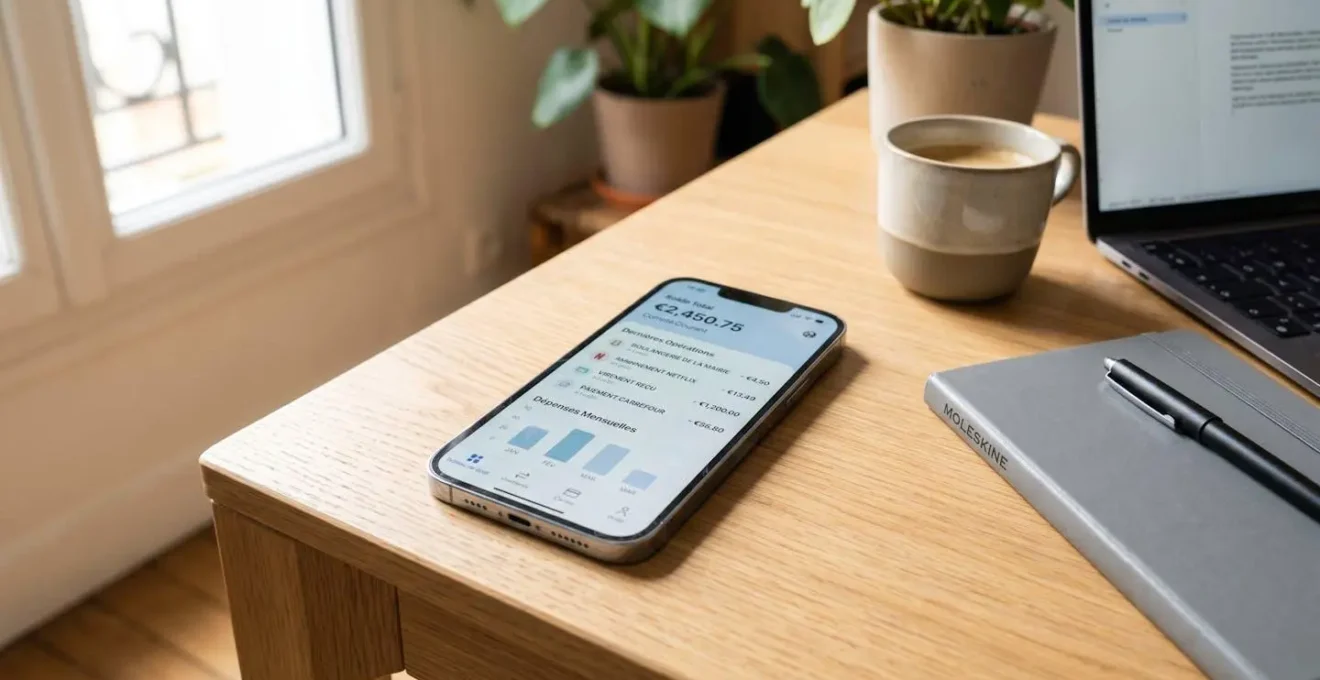 Smartphone affichant l'interface d'une application bancaire professionnelle avec dashboard, posé sur un bureau de freelance moderne