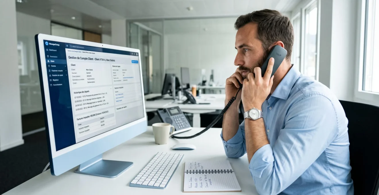 Chargé de recouvrement au téléphone avec un client, consultant simultanément la fiche client et l'historique de relances sur son écran d'ordinateur