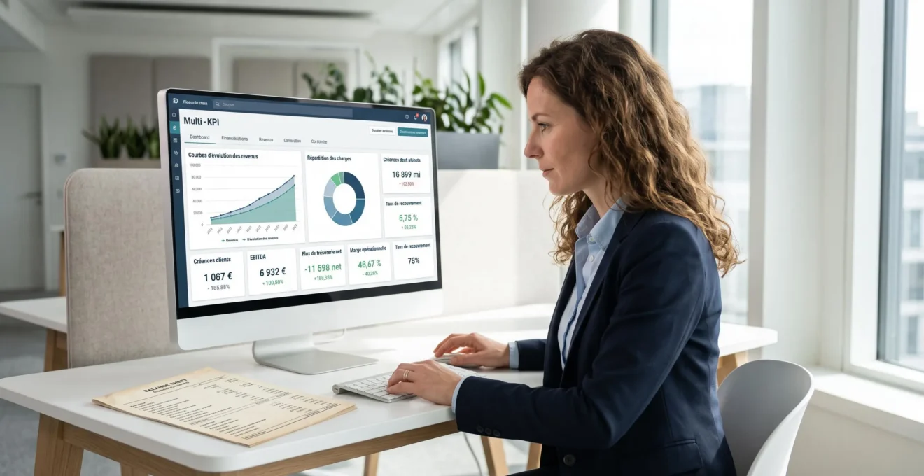 Contrôleuse de gestion analysant un tableau de bord financier multi-KPI sur son écran d'ordinateur, avec une balance âgée clients posée à proximité, dans un bureau contemporain lumineux