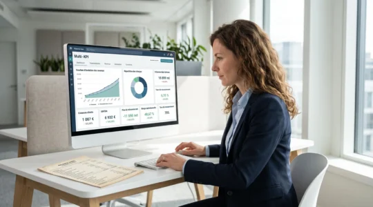 Contrôleuse de gestion analysant un tableau de bord financier multi-KPI sur son écran d'ordinateur, avec une balance âgée clients posée à proximité, dans un bureau contemporain lumineux