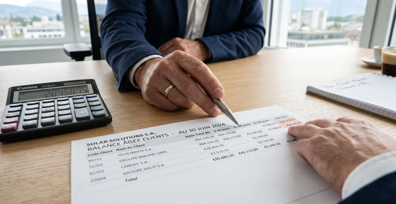 Gros plan sur un document balance âgée clients avec colonnes de tranches d'ancienneté et montants en euros, une main pointant une ligne de créances échues