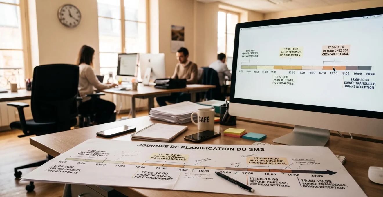 Planning bureau montrant timeline journée avec créneaux horaires optimaux pour envoi SMS