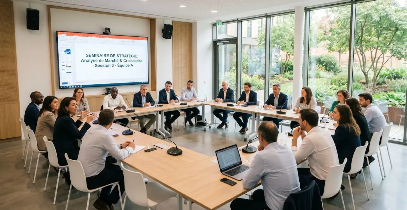 Salle de séminaire moderne avec configuration en U, participants en discussion, équipements audiovisuels intégrés et vue sur espaces verts par les baies vitrées