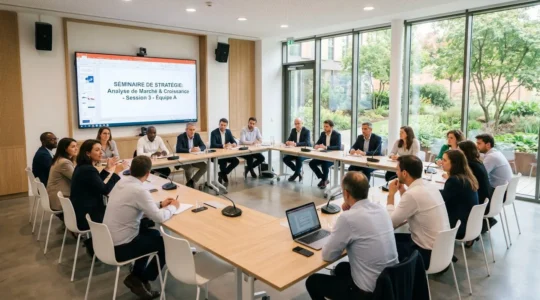 Salle de séminaire moderne avec configuration en U, participants en discussion, équipements audiovisuels intégrés et vue sur espaces verts par les baies vitrées