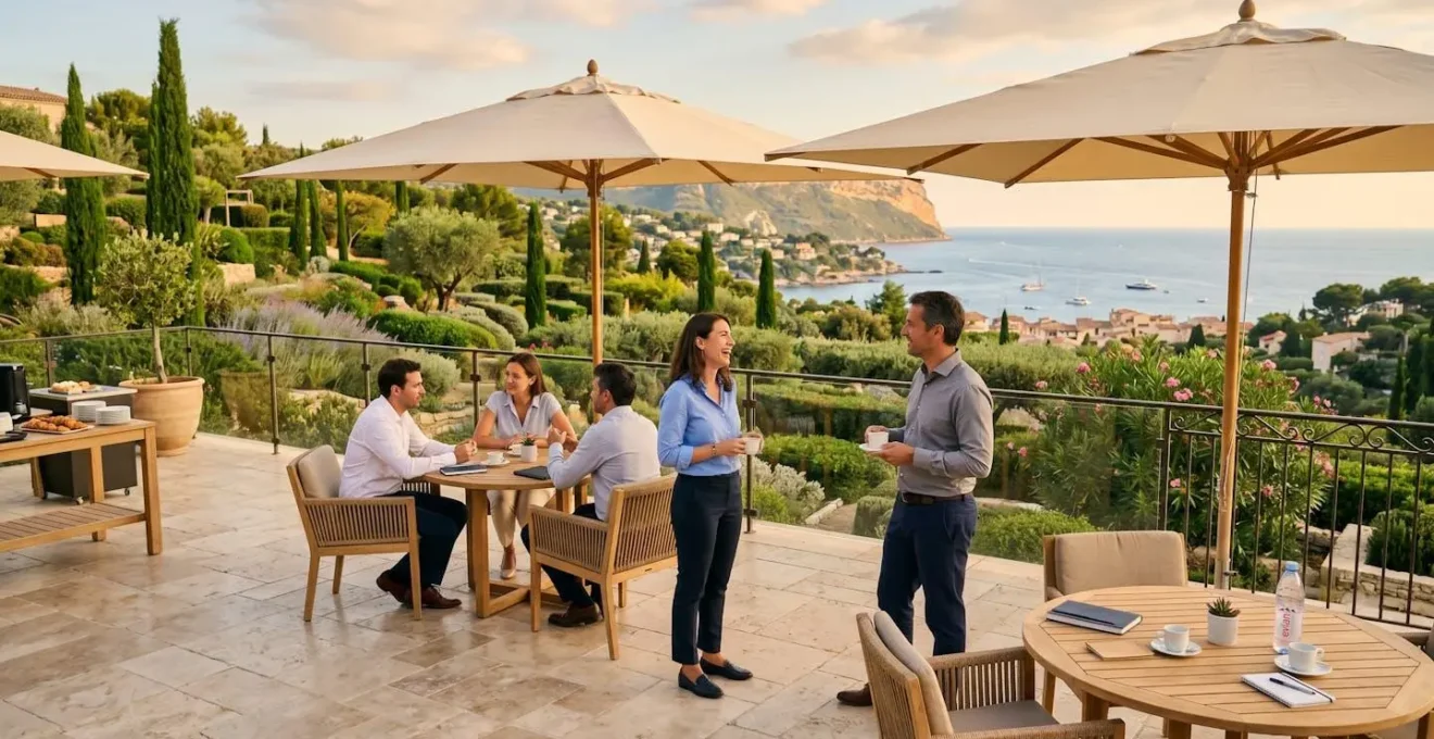 Terrasse professionnelle aménagée avec vue sur paysage méditerranéen, mobilier outdoor et participants en pause discussion