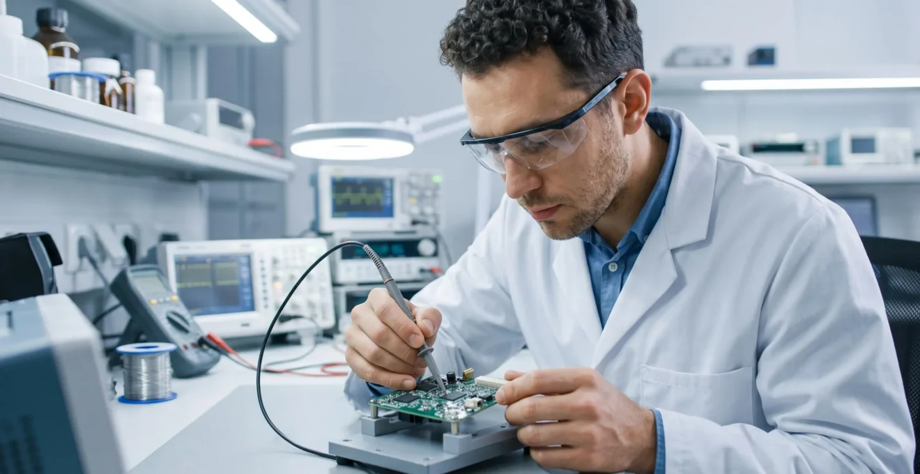 Ingénieur en recherche et développement effectuant des mesures de précision sur un prototype électronique dans un laboratoire
