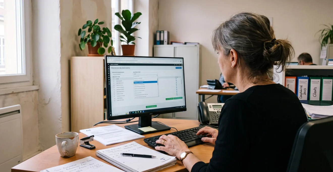 Une comptable prépare l'envoi de notifications clients depuis son poste de travail.