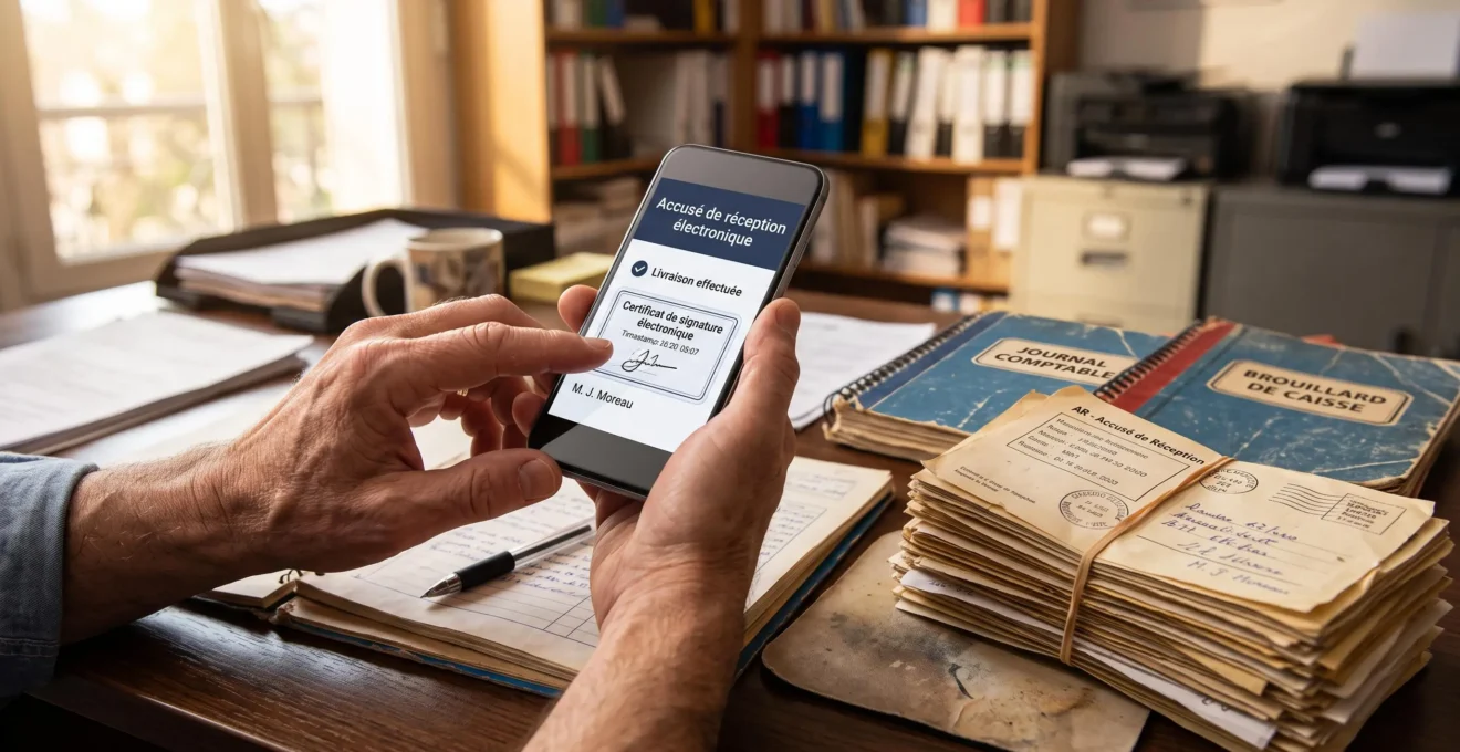 Les mains d'un dirigeant consultent une notification d'envoi certifié sur son smartphone.