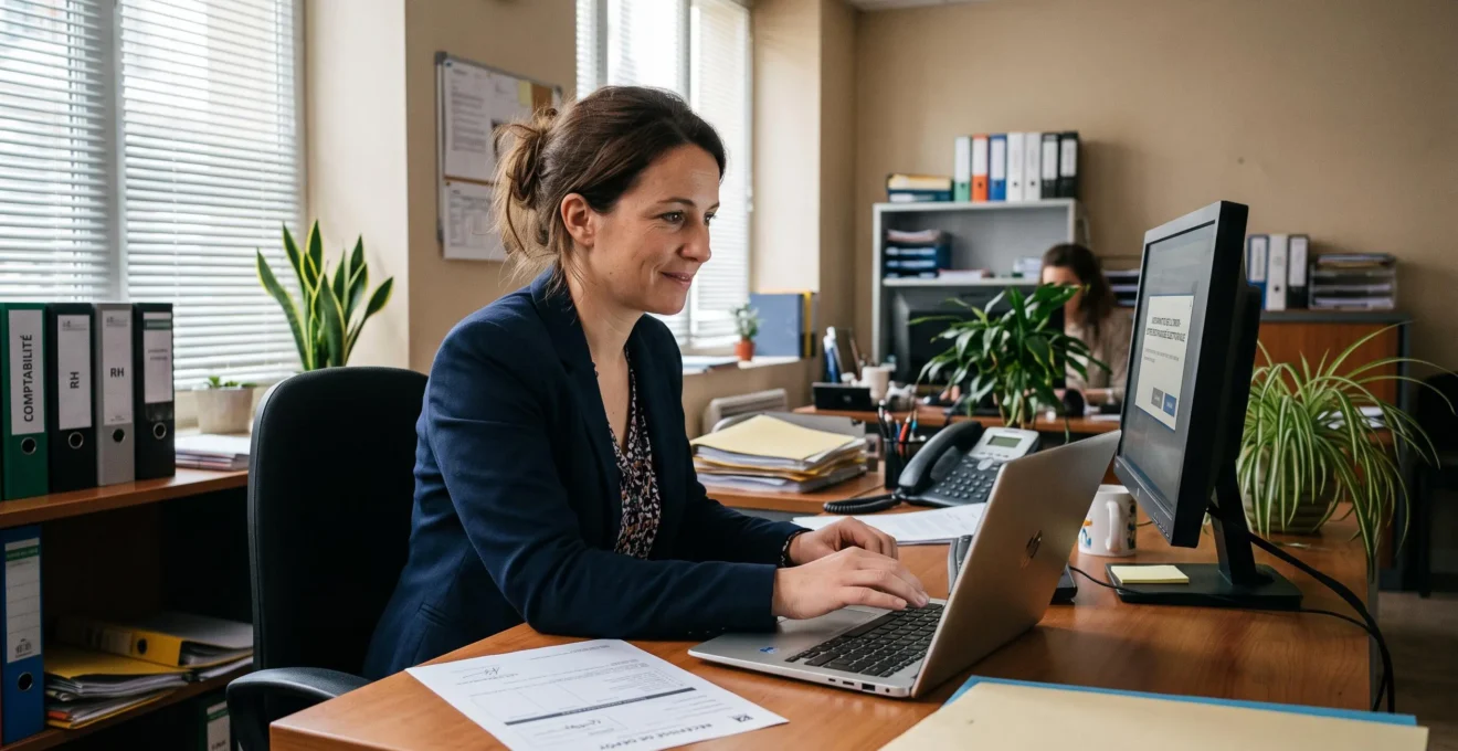 Une gestionnaire envoie une lettre recommandée électronique depuis son ordinateur au bureau.