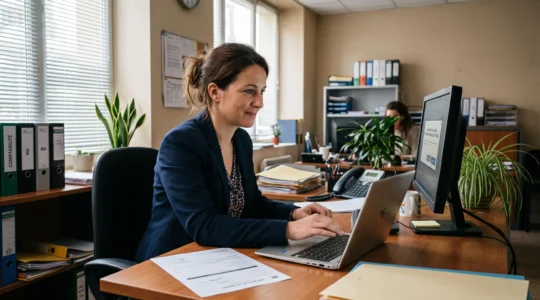 Une gestionnaire envoie une lettre recommandée électronique depuis son ordinateur au bureau.